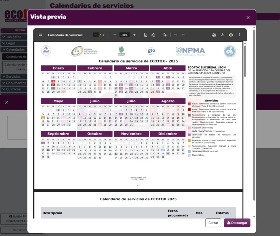 Calendario de servicios
